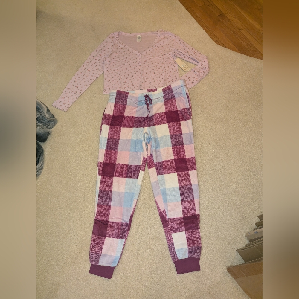 Nwt No Boundaries Pink Floral PJ Top And Plaid Pajama Pants Set Sz XL